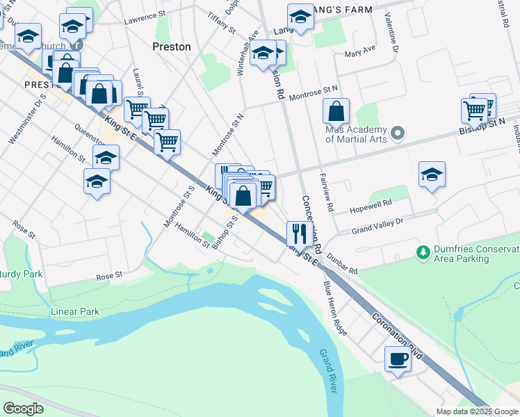 map of restaurants, bars, coffee shops, grocery stores, and more near 1515 King Street East in Cambridge