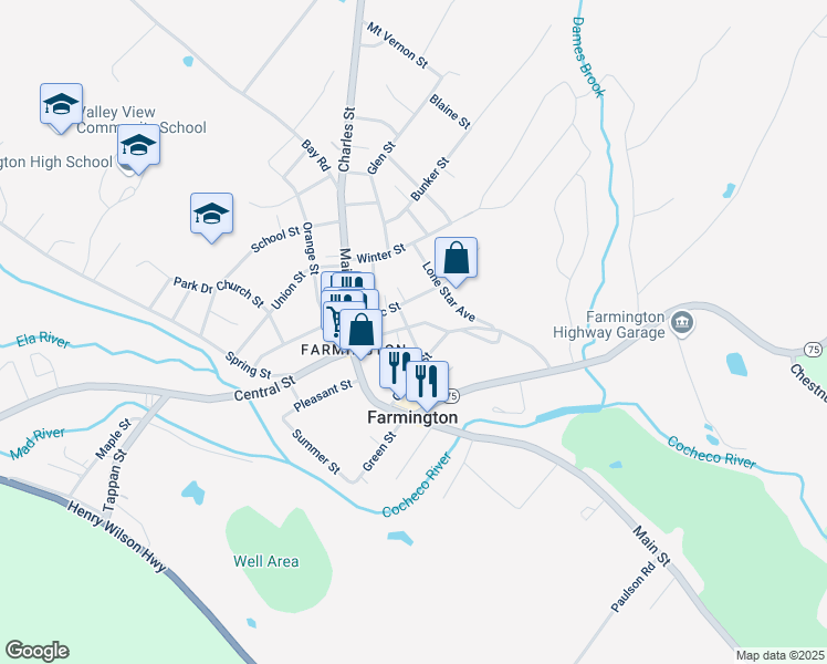 map of restaurants, bars, coffee shops, grocery stores, and more near 25 Mechanic Street in Farmington