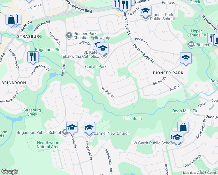 map of restaurants, bars, coffee shops, grocery stores, and more near 170 Wheatfield Crescent in Kitchener