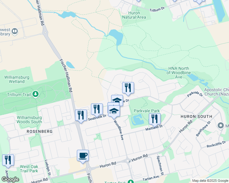 map of restaurants, bars, coffee shops, grocery stores, and more near 948 Parkvale Court in Kitchener