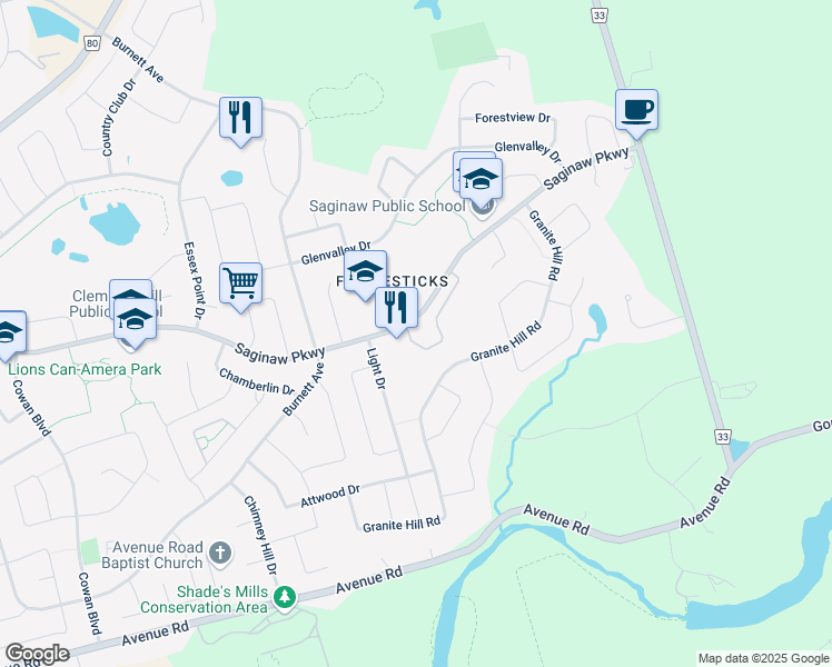 map of restaurants, bars, coffee shops, grocery stores, and more near 635 Saginaw Parkway in Cambridge