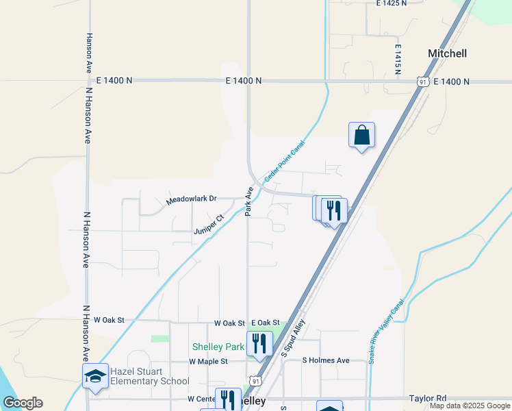 map of restaurants, bars, coffee shops, grocery stores, and more near 610 North Park in Shelley