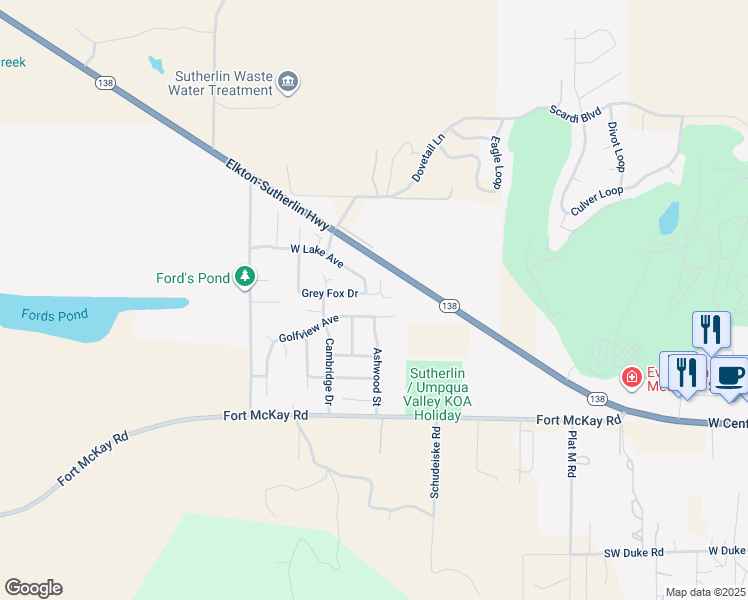 map of restaurants, bars, coffee shops, grocery stores, and more near 2626 Greyfox Court in Sutherlin