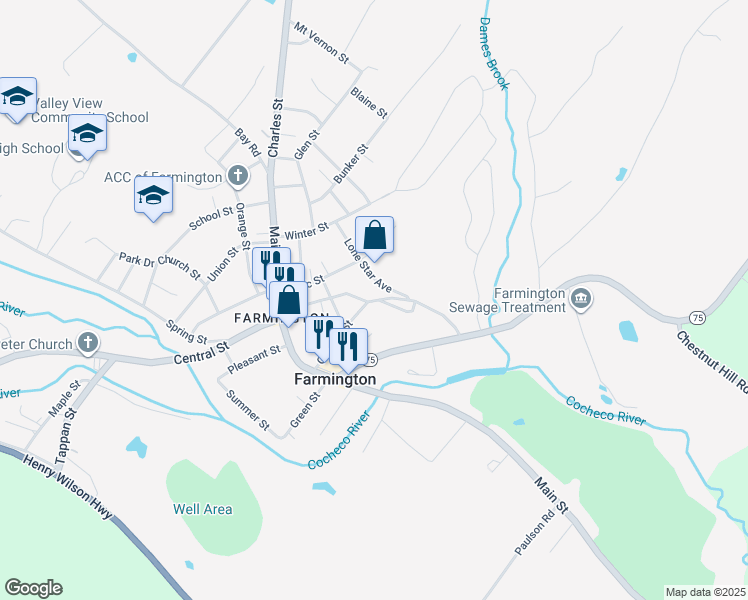 map of restaurants, bars, coffee shops, grocery stores, and more near 48 Garfield Street in Farmington