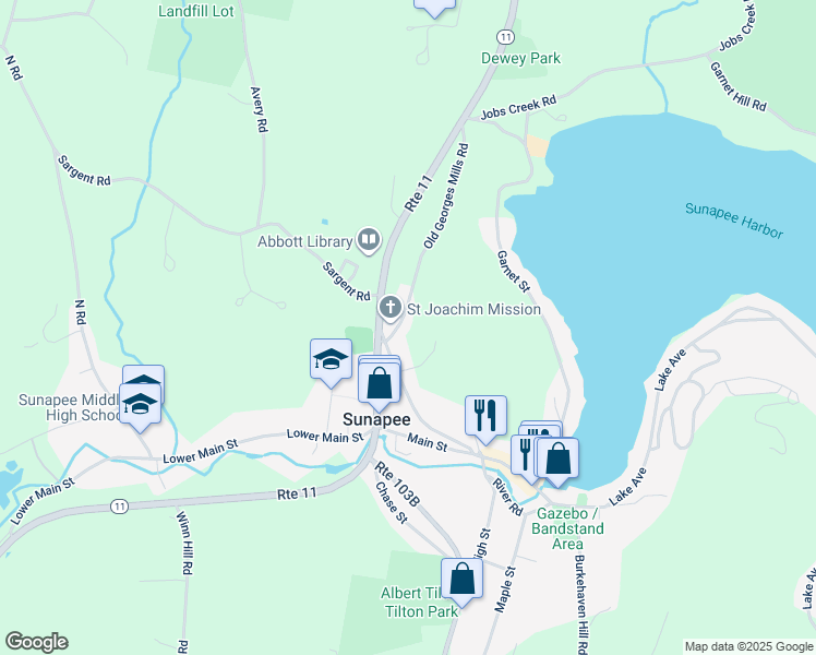 map of restaurants, bars, coffee shops, grocery stores, and more near 12 Old Georges Mills Road in Sunapee