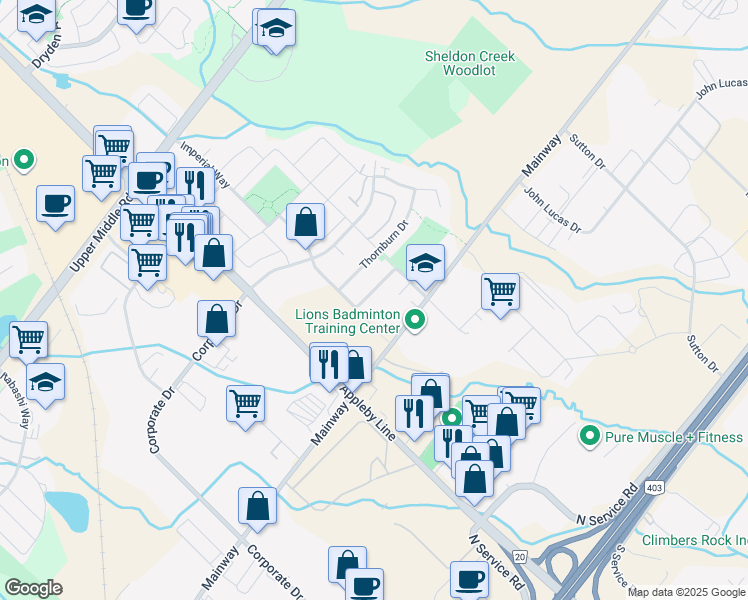 map of restaurants, bars, coffee shops, grocery stores, and more near 5120 Lampman Avenue in Burlington