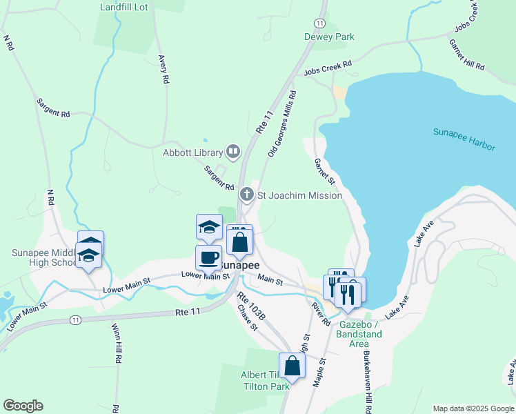 map of restaurants, bars, coffee shops, grocery stores, and more near 12 Old Georges Mills Road in Sunapee