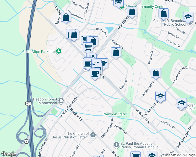 map of restaurants, bars, coffee shops, grocery stores, and more near 2900 Walkers Line in Burlington