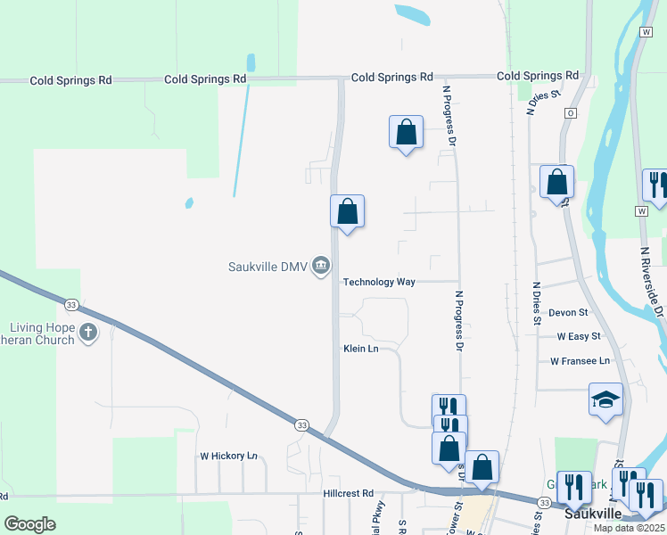 map of restaurants, bars, coffee shops, grocery stores, and more near North Dekora Woods Boulevard in Saukville