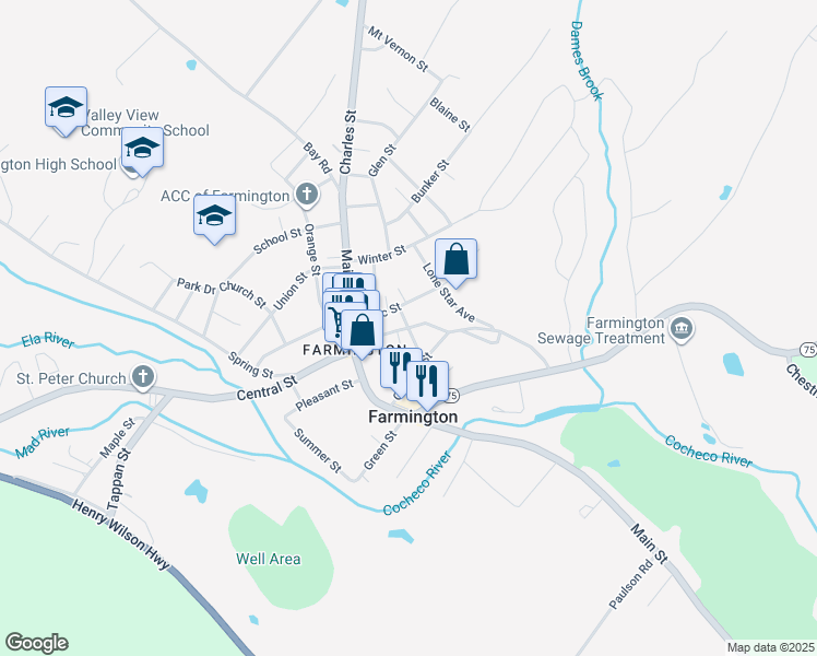 map of restaurants, bars, coffee shops, grocery stores, and more near 23 Mechanic Street in Farmington