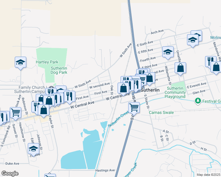 map of restaurants, bars, coffee shops, grocery stores, and more near 409 West 1st Avenue in Sutherlin