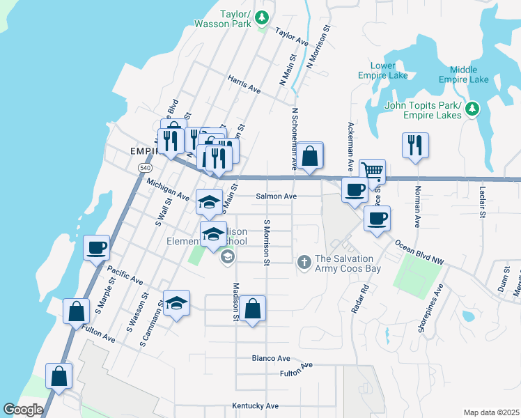 map of restaurants, bars, coffee shops, grocery stores, and more near 978 Michigan Avenue in Coos Bay