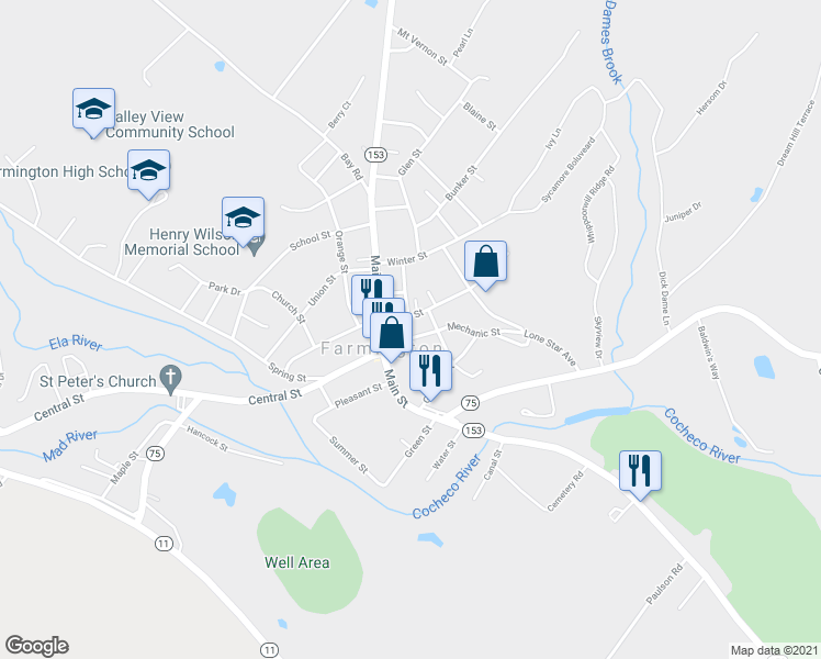 map of restaurants, bars, coffee shops, grocery stores, and more near 12 Mechanic Street in Farmington