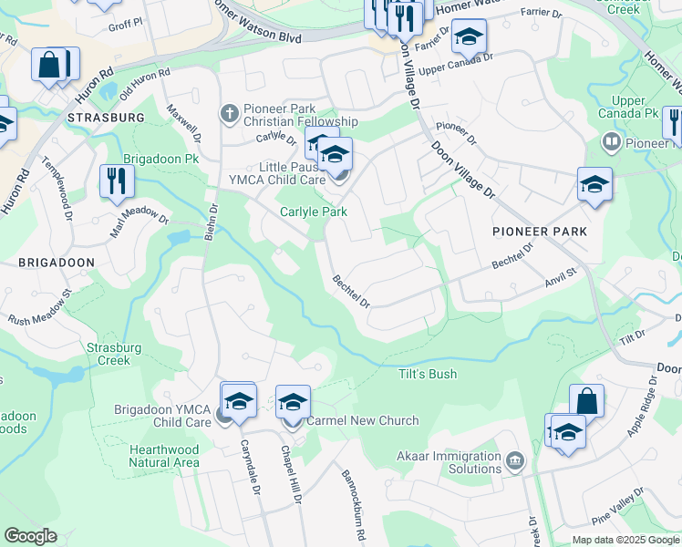 map of restaurants, bars, coffee shops, grocery stores, and more near 179 Wheatfield Crescent in Kitchener