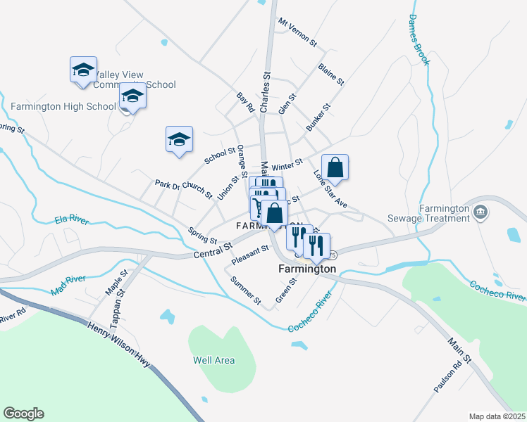 map of restaurants, bars, coffee shops, grocery stores, and more near 3 Central Street in Farmington