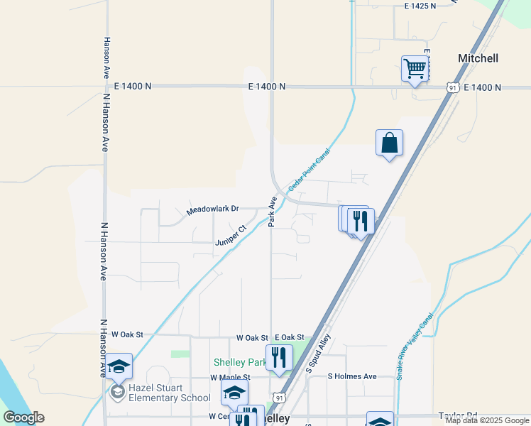 map of restaurants, bars, coffee shops, grocery stores, and more near 610 North Park in Shelley