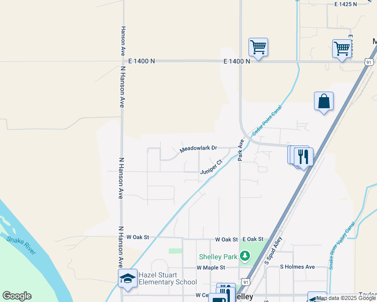 map of restaurants, bars, coffee shops, grocery stores, and more near 280 Meadowlark Dr in Shelley