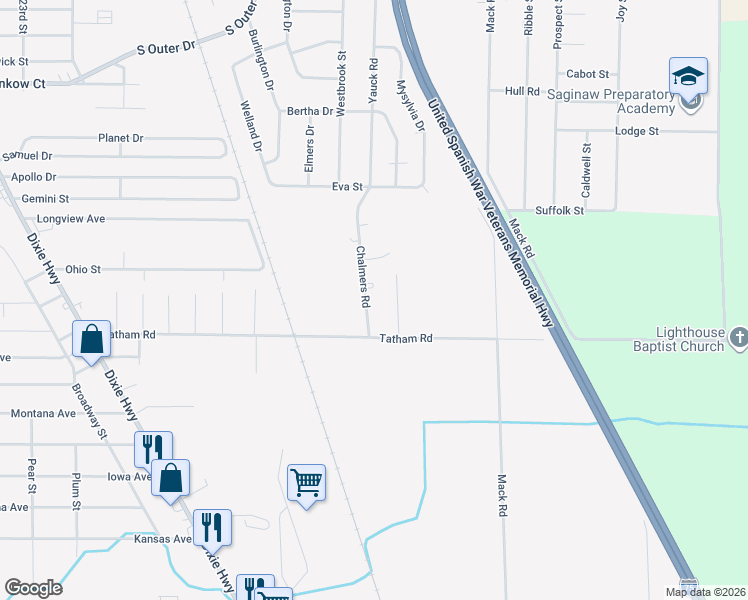 map of restaurants, bars, coffee shops, grocery stores, and more near 3525 Chalmers Road in Saginaw