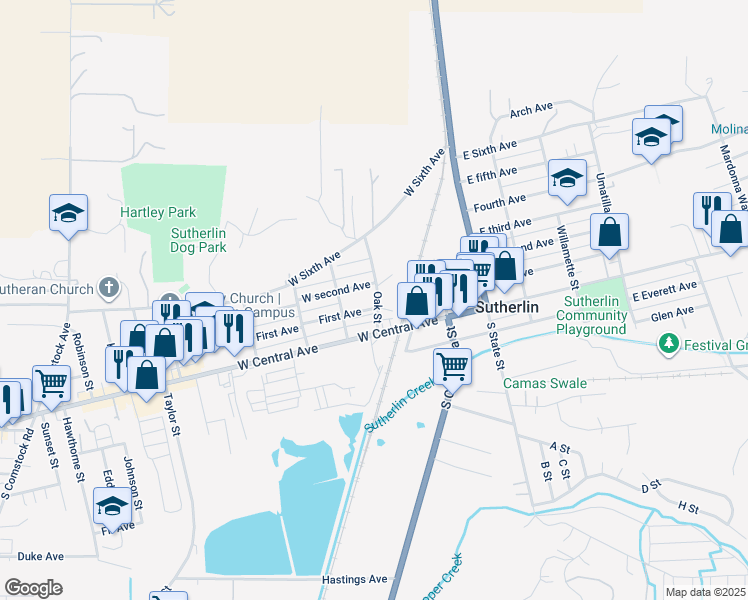map of restaurants, bars, coffee shops, grocery stores, and more near 411 West 1st Avenue in Sutherlin