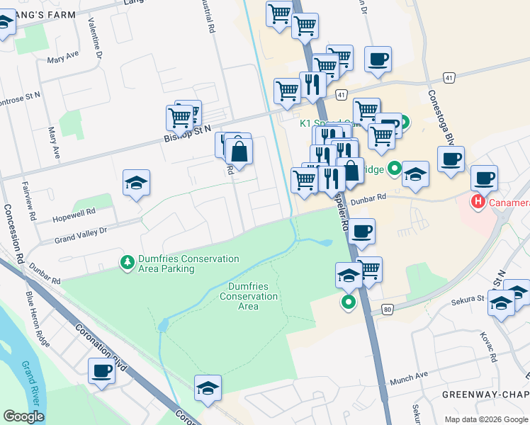 map of restaurants, bars, coffee shops, grocery stores, and more near 1205 Avonlea Road in Cambridge