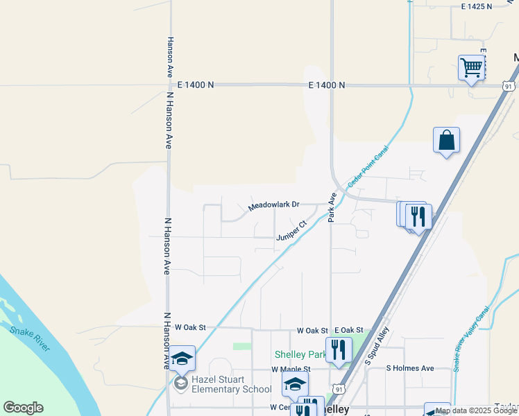 map of restaurants, bars, coffee shops, grocery stores, and more near 280 Meadowlark Dr in Shelley