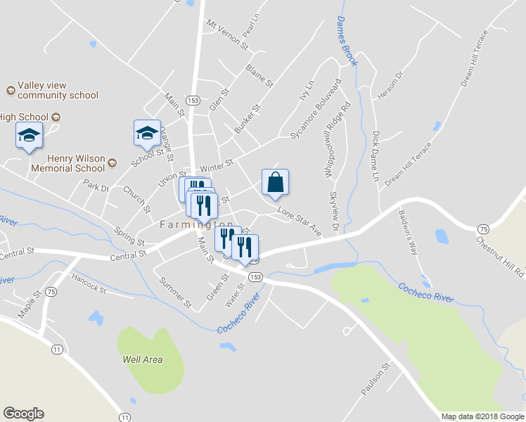 map of restaurants, bars, coffee shops, grocery stores, and more near 48 Garfield Street in Farmington