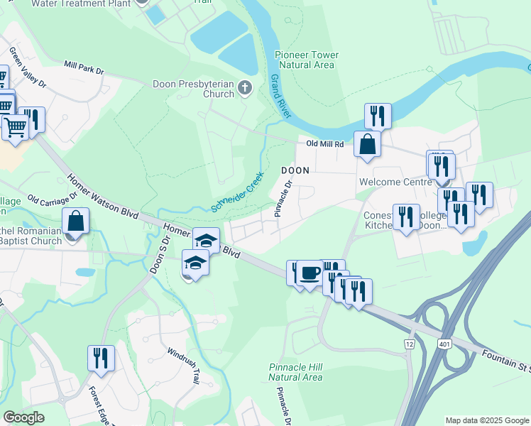 map of restaurants, bars, coffee shops, grocery stores, and more near 105 Pinnacle Drive in Kitchener