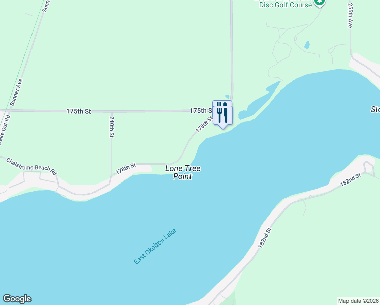 map of restaurants, bars, coffee shops, grocery stores, and more near 25009-25599 178th Street in Okoboji