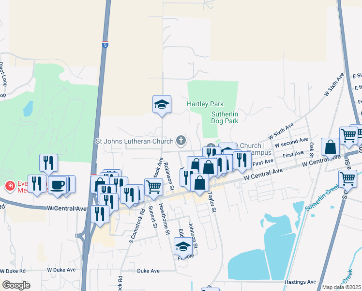 map of restaurants, bars, coffee shops, grocery stores, and more near 1101 West 6th Avenue in Sutherlin
