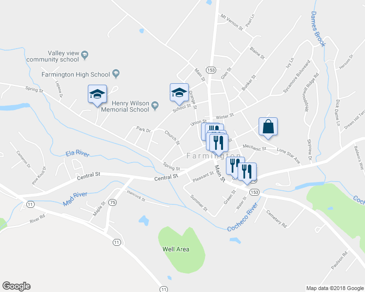 map of restaurants, bars, coffee shops, grocery stores, and more near 11 Church Street in Farmington