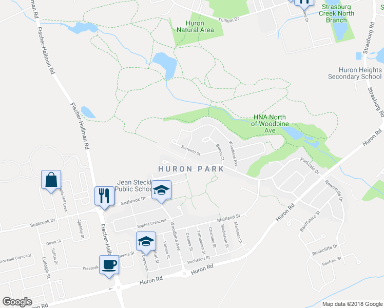map of restaurants, bars, coffee shops, grocery stores, and more near 61 Sorrento Street in Kitchener