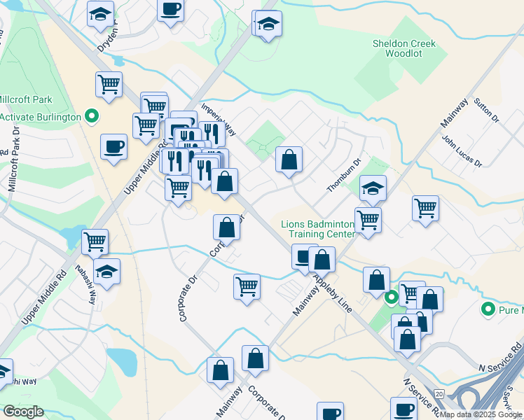 map of restaurants, bars, coffee shops, grocery stores, and more near 5020 Corporate Drive in Burlington