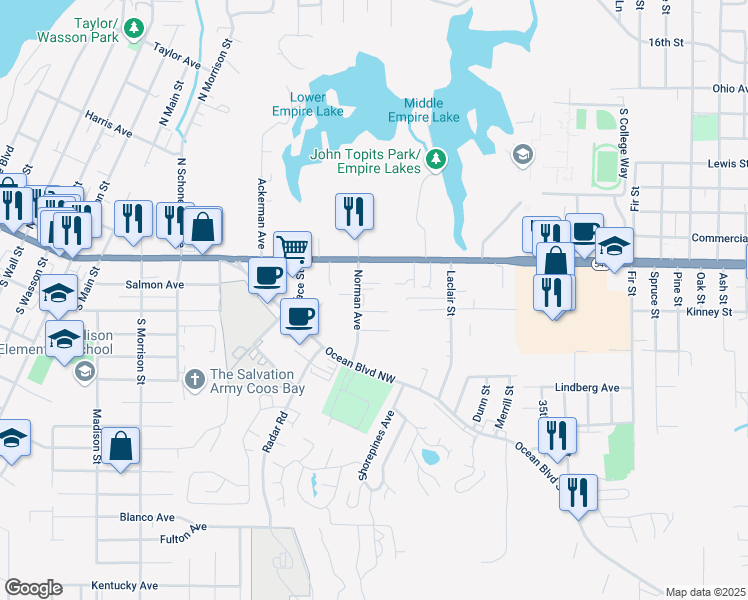 map of restaurants, bars, coffee shops, grocery stores, and more near 183 Norman Avenue in Coos Bay
