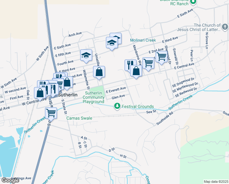 map of restaurants, bars, coffee shops, grocery stores, and more near 470 East Everett Avenue in Sutherlin