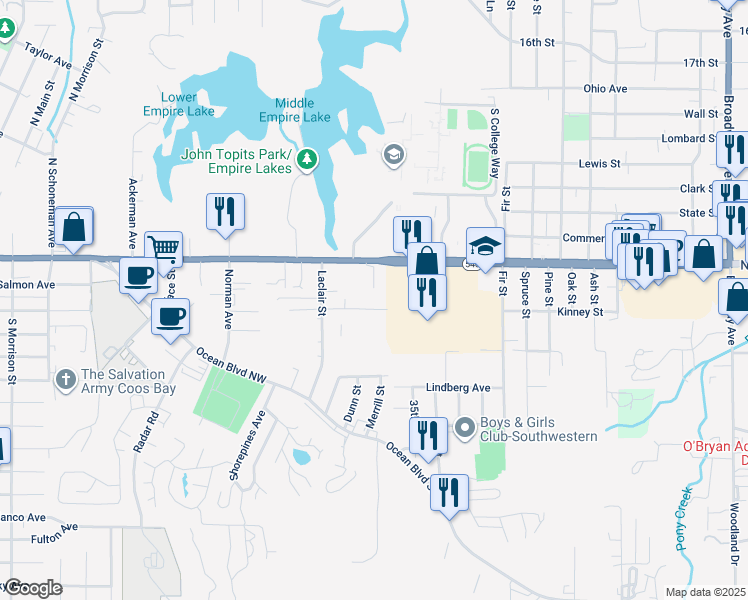 map of restaurants, bars, coffee shops, grocery stores, and more near 1995 Newmark Avenue in Coos Bay
