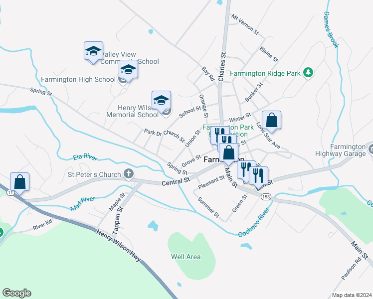 map of restaurants, bars, coffee shops, grocery stores, and more near 29 Union Street in Farmington