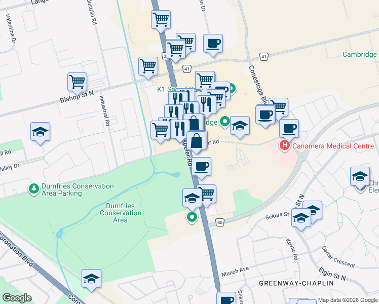 map of restaurants, bars, coffee shops, grocery stores, and more near 357 Hespeler Road in Cambridge