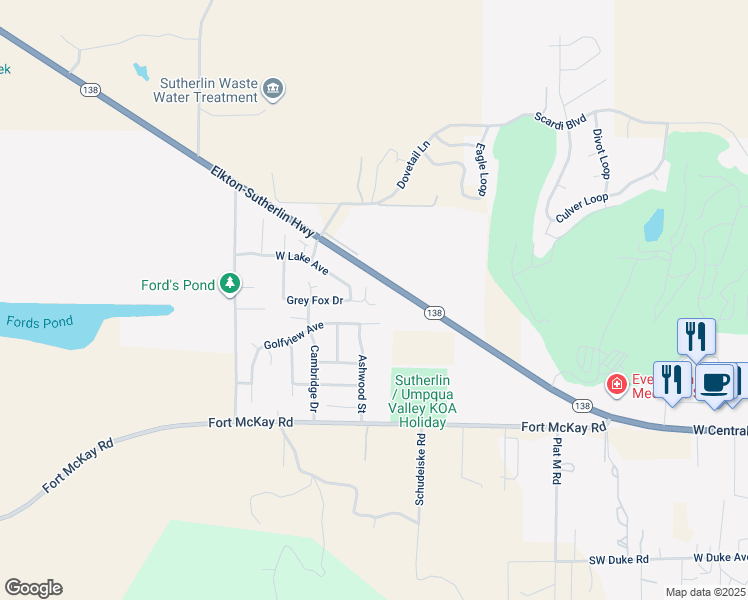 map of restaurants, bars, coffee shops, grocery stores, and more near 2626 Greyfox Court in Sutherlin