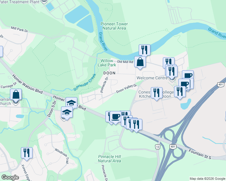 map of restaurants, bars, coffee shops, grocery stores, and more near 50 Pinnacle Drive in Kitchener