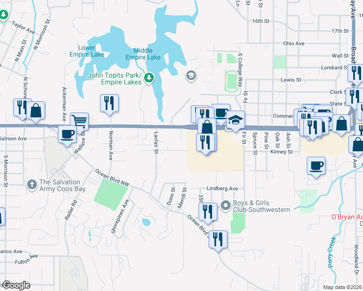 map of restaurants, bars, coffee shops, grocery stores, and more near 1995 Newmark Avenue in Coos Bay