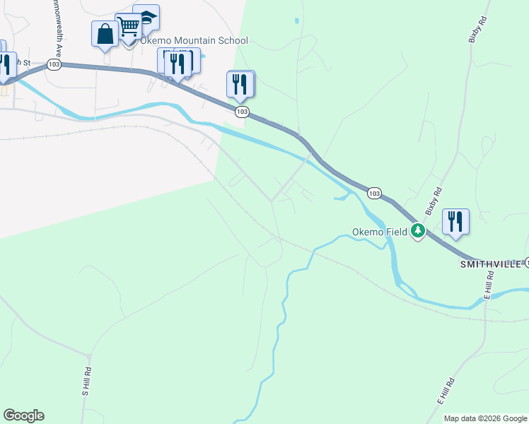 map of restaurants, bars, coffee shops, grocery stores, and more near 6 Soapstone Road in Windsor County