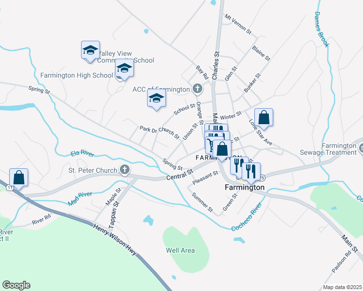 map of restaurants, bars, coffee shops, grocery stores, and more near 29 Union Street in Farmington