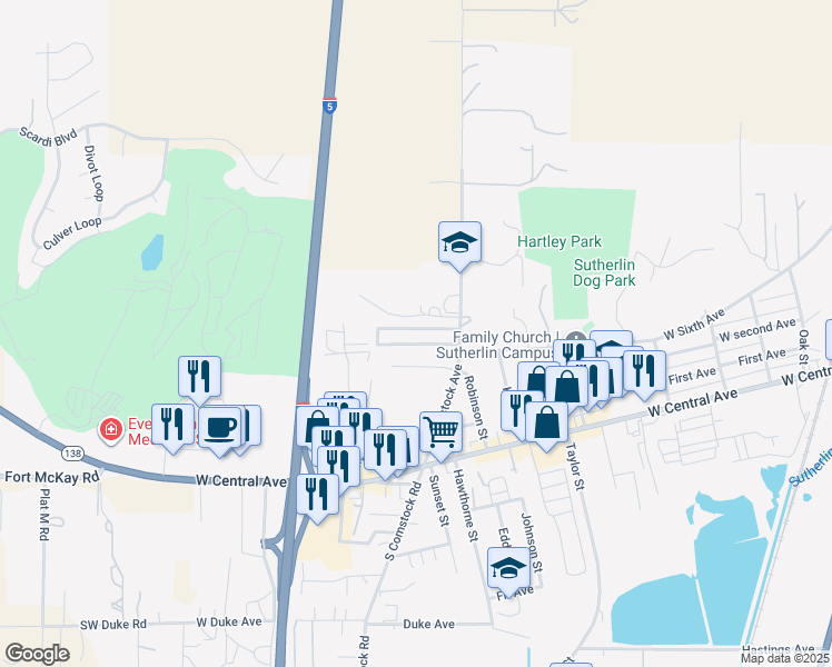 map of restaurants, bars, coffee shops, grocery stores, and more near 401 North Comstock Avenue in Sutherlin