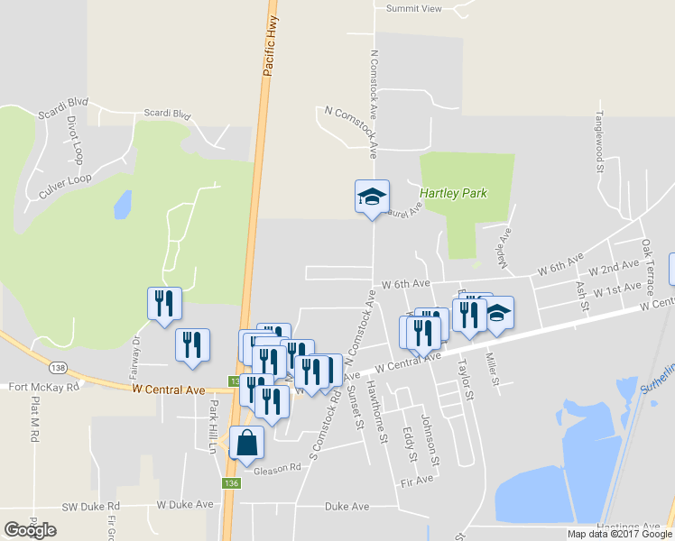 map of restaurants, bars, coffee shops, grocery stores, and more near 401 North Comstock Avenue in Sutherlin