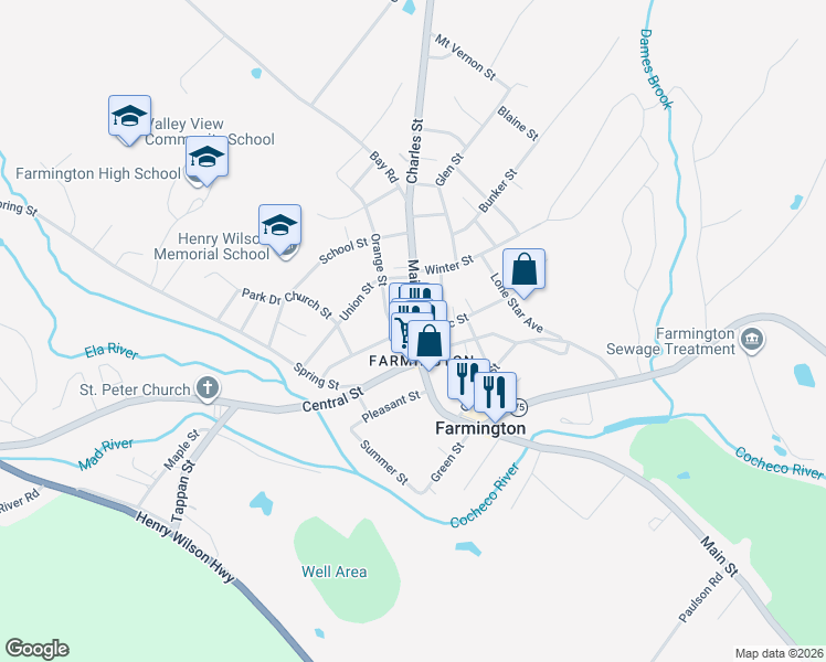 map of restaurants, bars, coffee shops, grocery stores, and more near 3 Central Street in Farmington