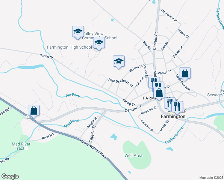 map of restaurants, bars, coffee shops, grocery stores, and more near 55 Spring Street in Farmington