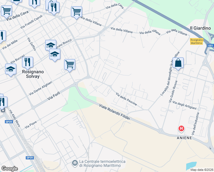 map of restaurants, bars, coffee shops, grocery stores, and more near 117 Via delle Pescine in Rosignano Solvay-Castiglioncello