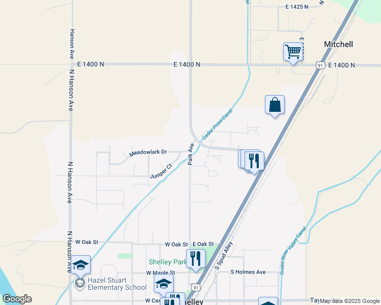 map of restaurants, bars, coffee shops, grocery stores, and more near 610 North Park in Shelley