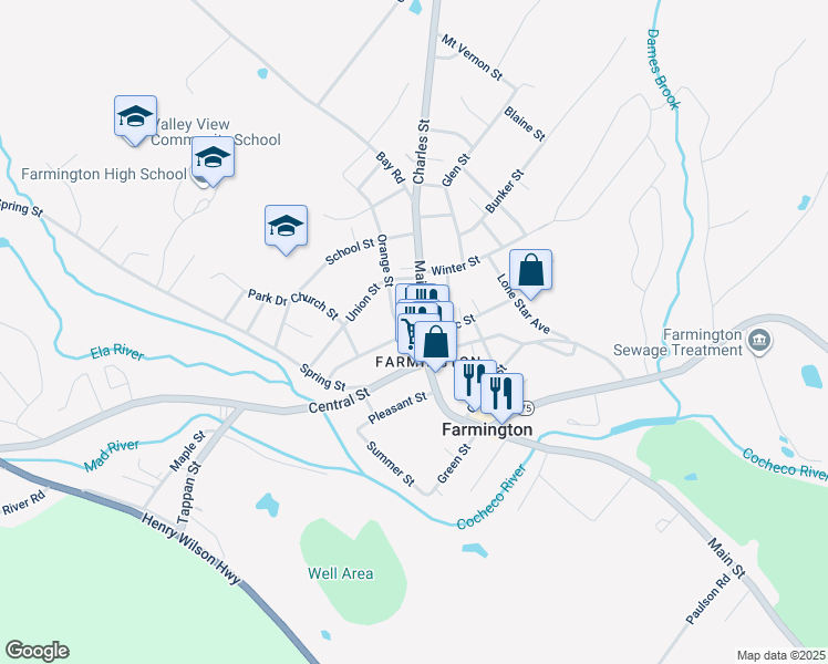 map of restaurants, bars, coffee shops, grocery stores, and more near 3 Central Street in Farmington