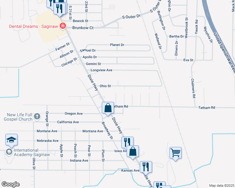 map of restaurants, bars, coffee shops, grocery stores, and more near 3519 Snowy Lane in Saginaw